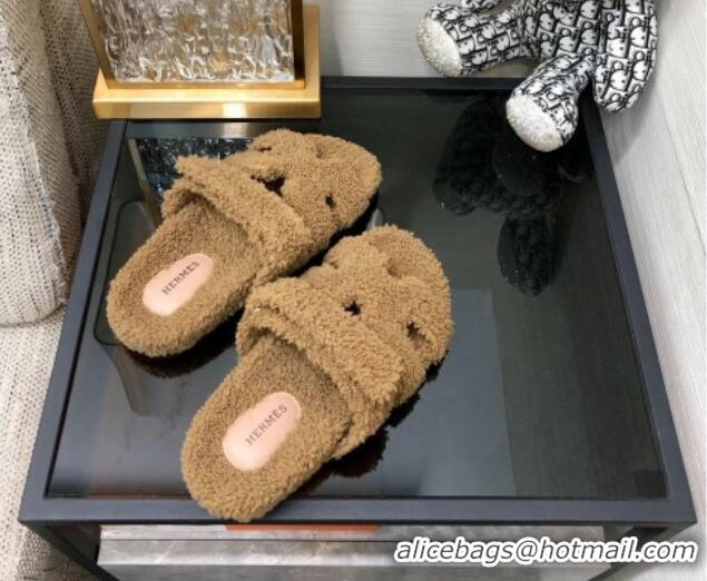 Unique Style Hermes Chypre Flat Slide Sandals in Teddy Fur Khaki 831026