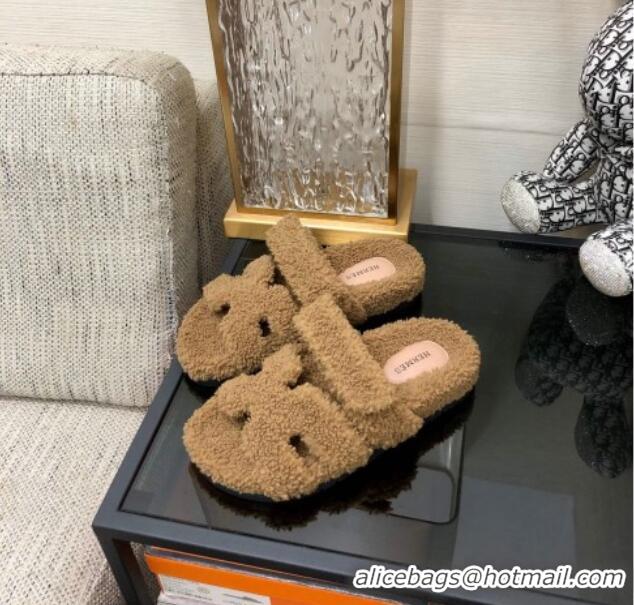 Unique Style Hermes Chypre Flat Slide Sandals in Teddy Fur Khaki 831026