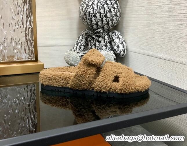 Unique Style Hermes Chypre Flat Slide Sandals in Teddy Fur Khaki 831026