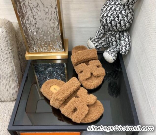 Sophisticated Hermes Chypre Flat Slide Sandals in Teddy Fur Brown 831027