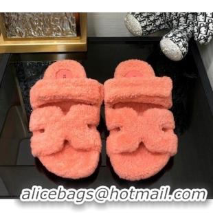 Hot Style Hermes Chypre Flat Slide Sandals in Teddy Fur Peachy Pink 831028