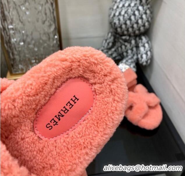 Hot Style Hermes Chypre Flat Slide Sandals in Teddy Fur Peachy Pink 831028