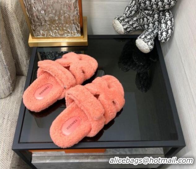 Hot Style Hermes Chypre Flat Slide Sandals in Teddy Fur Peachy Pink 831028