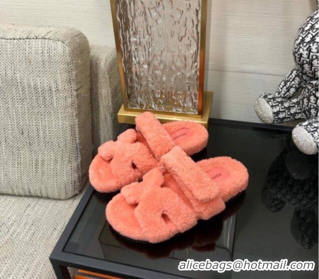 Hot Style Hermes Chypre Flat Slide Sandals in Teddy Fur Peachy Pink 831028