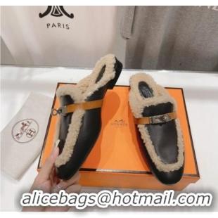 Duplicate Hermes Oz Flat Mules in Brown Suede and Shearling with Kelly Buckle 901121