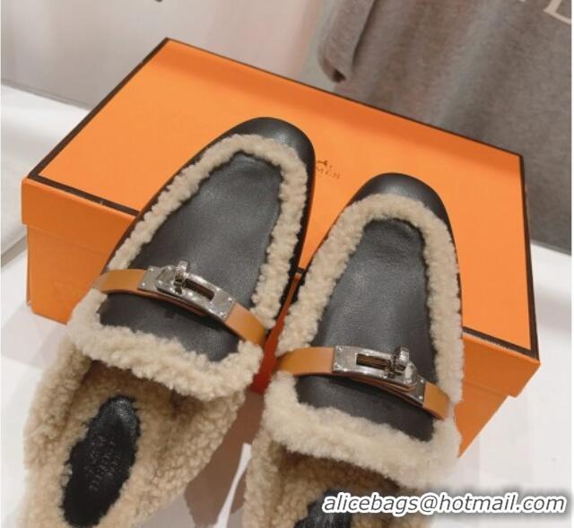 Duplicate Hermes Oz Flat Mules in Brown Suede and Shearling with Kelly Buckle 901121