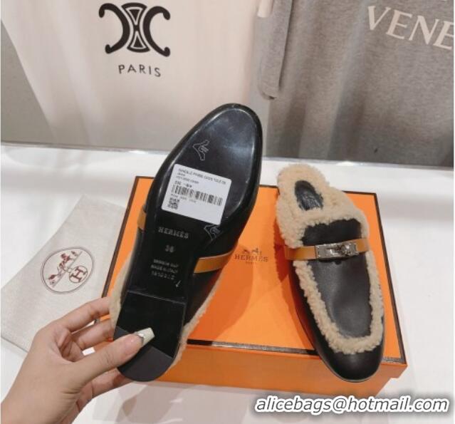 Duplicate Hermes Oz Flat Mules in Brown Suede and Shearling with Kelly Buckle 901121