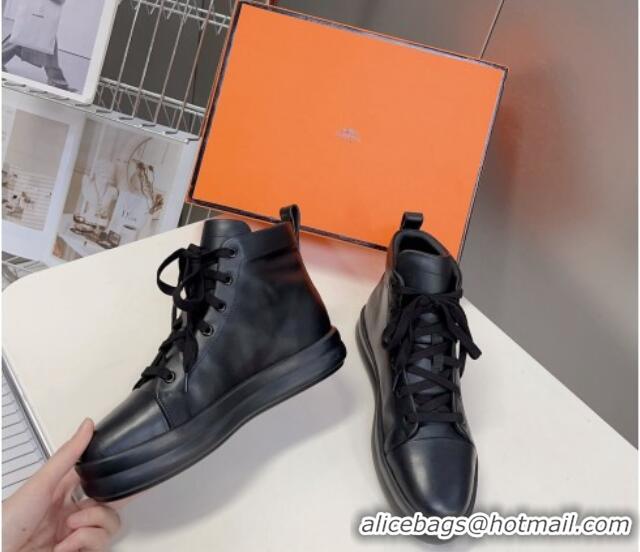 Discount Hermes Happy High-top Sneakers in Calfskin Black 901123