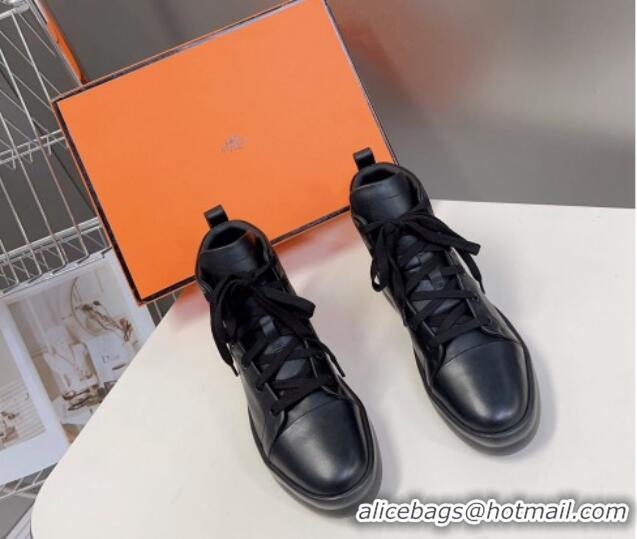 Discount Hermes Happy High-top Sneakers in Calfskin Black 901123