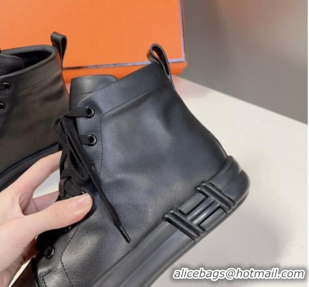 Discount Hermes Happy High-top Sneakers in Calfskin Black 901123