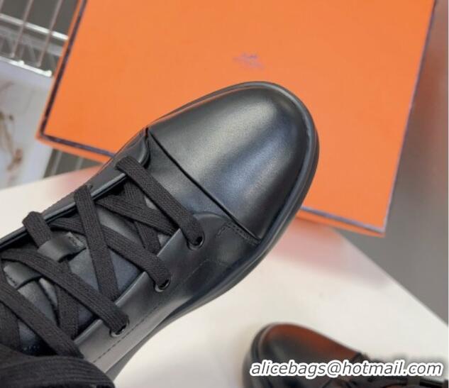 Discount Hermes Happy High-top Sneakers in Calfskin Black 901123