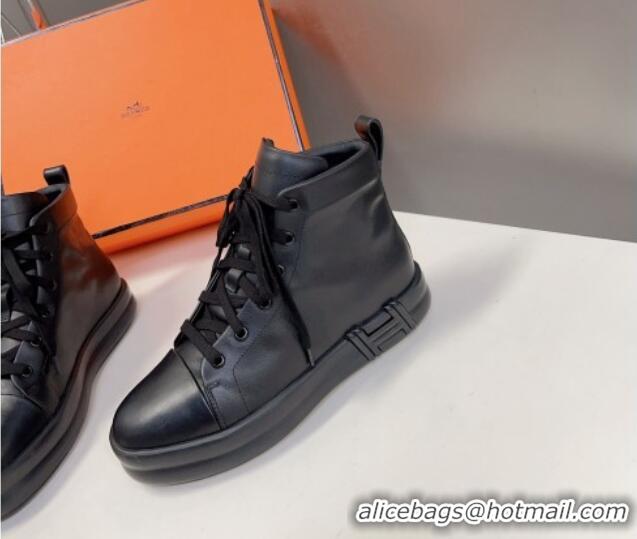 Discount Hermes Happy High-top Sneakers in Calfskin Black 901123