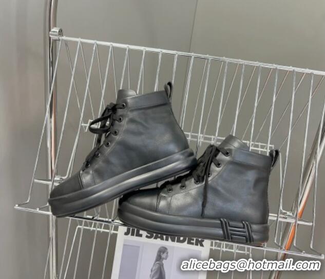 Discount Hermes Happy High-top Sneakers in Calfskin Black 901123