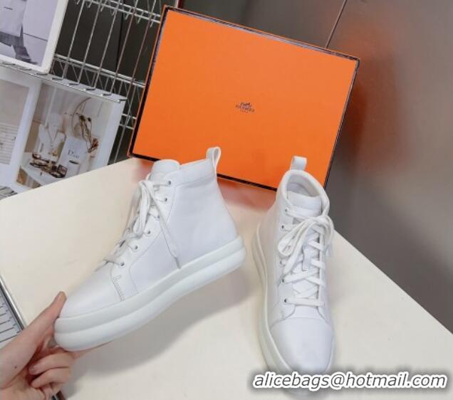 Stylish Hermes Happy High-top Sneakers in Calfskin White 901125