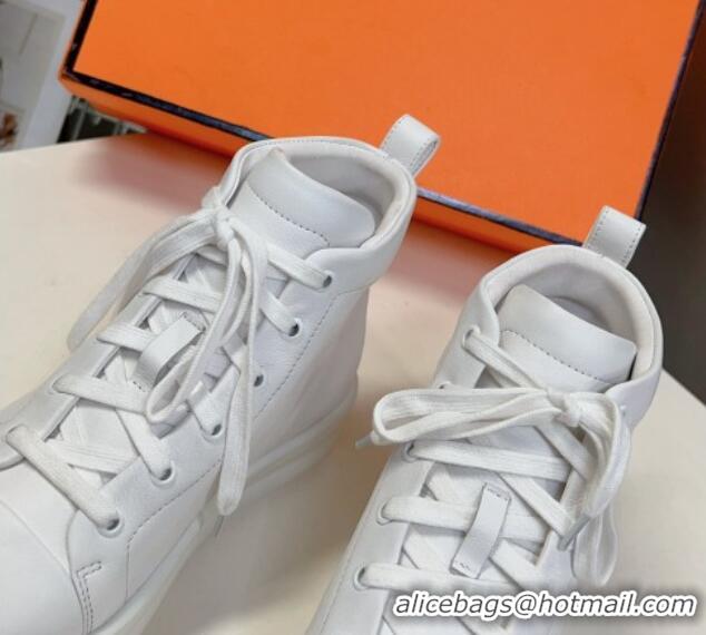 Stylish Hermes Happy High-top Sneakers in Calfskin White 901125