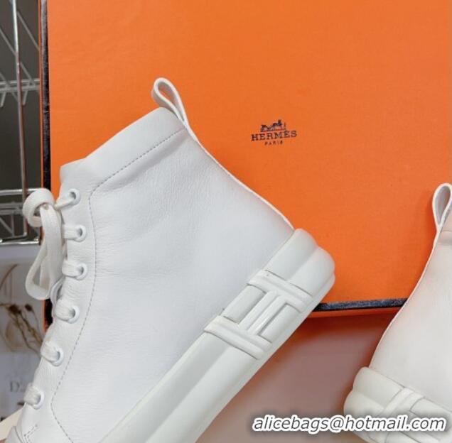 Stylish Hermes Happy High-top Sneakers in Calfskin White 901125