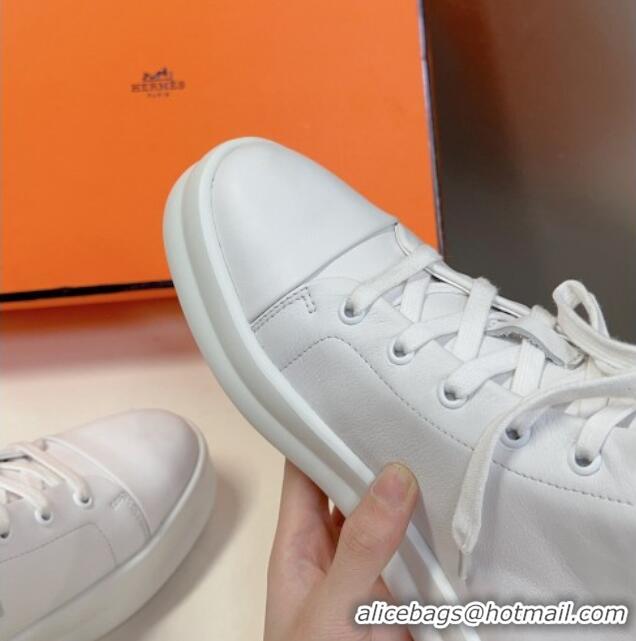 Stylish Hermes Happy High-top Sneakers in Calfskin White 901125