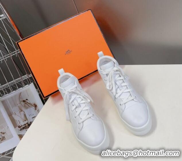 Stylish Hermes Happy High-top Sneakers in Calfskin White 901125