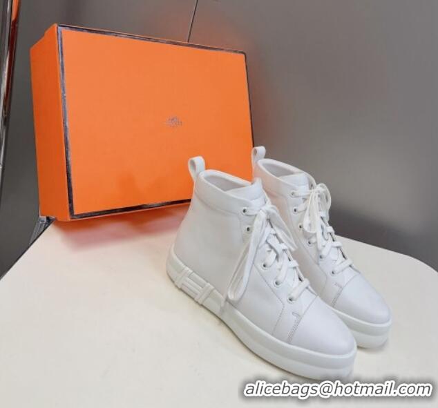 Stylish Hermes Happy High-top Sneakers in Calfskin White 901125