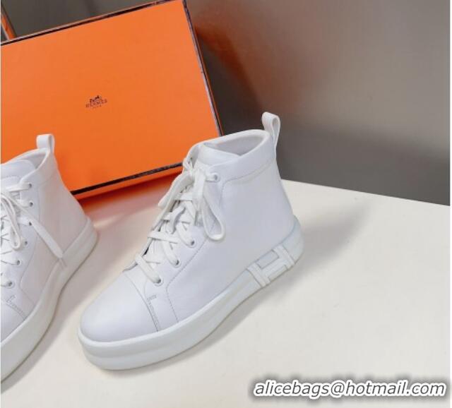 Stylish Hermes Happy High-top Sneakers in Calfskin White 901125