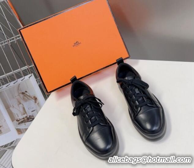 Stylish Hermes Happy Low-top Sneakers in Calfskin Black 901124