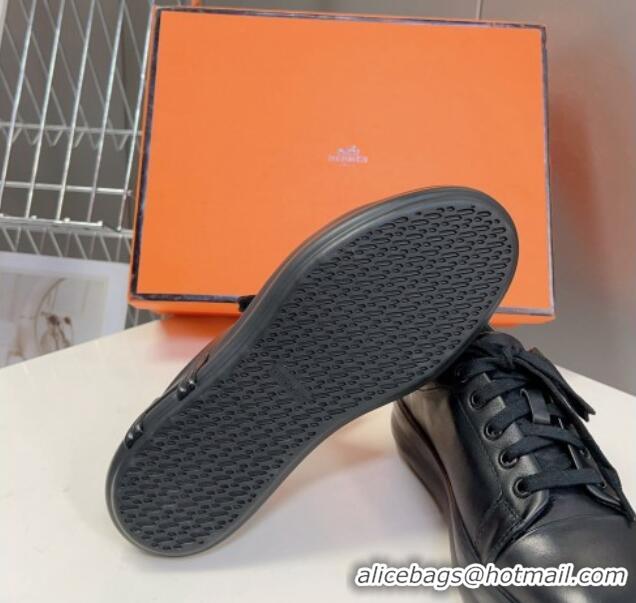 Stylish Hermes Happy Low-top Sneakers in Calfskin Black 901124