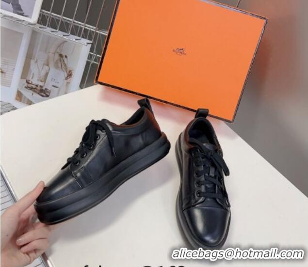 Stylish Hermes Happy Low-top Sneakers in Calfskin Black 901124