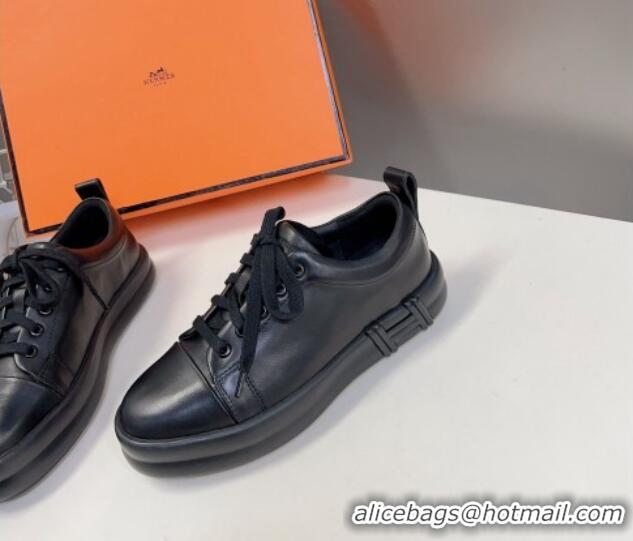 Stylish Hermes Happy Low-top Sneakers in Calfskin Black 901124