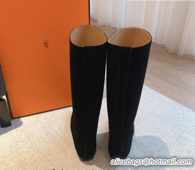 Charming Hermes Last Suede High Boots All Black 918002