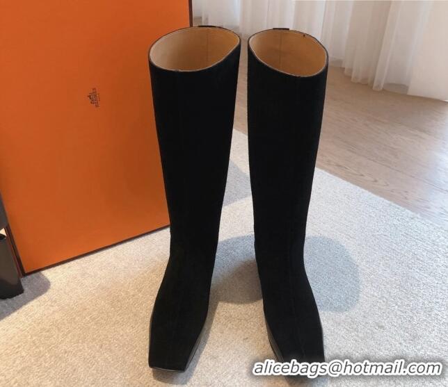 Charming Hermes Last Suede High Boots All Black 918002