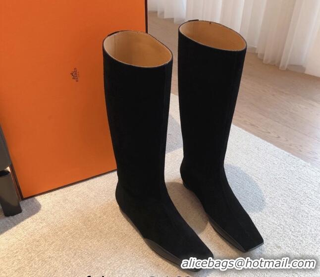 Charming Hermes Last Suede High Boots All Black 918002