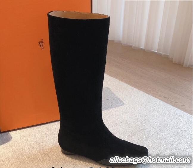 Charming Hermes Last Suede High Boots All Black 918002