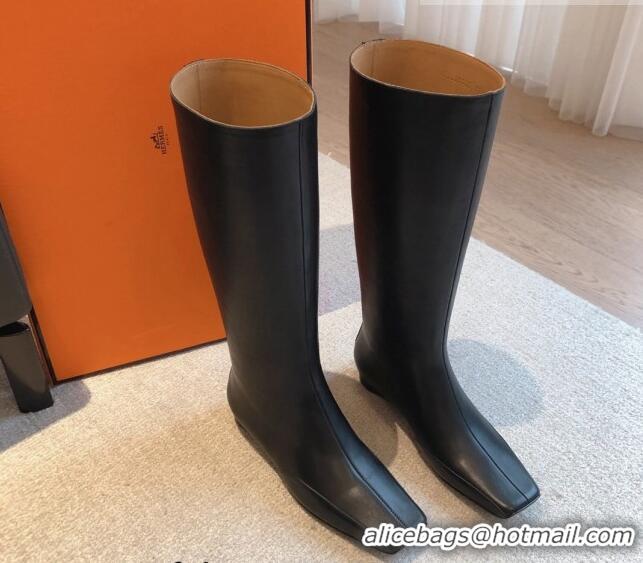 Crafted Hermes Last Leather High Boots Black 918005