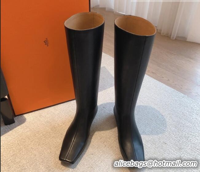 Crafted Hermes Last Leather High Boots Black 918005