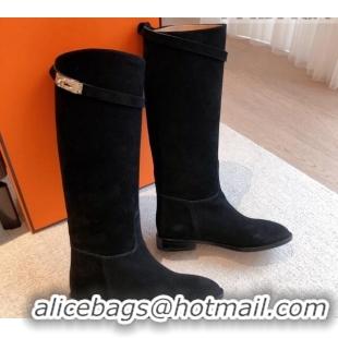 Trendy Design Hermes Jumping Suede High Boots Black 918008