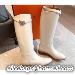 Generous Hermes Jumping Leather High Boots White 918010