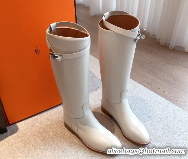 Generous Hermes Jumping Leather High Boots White 918010