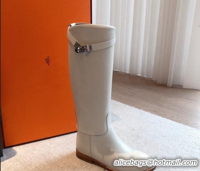 Generous Hermes Jumping Leather High Boots White 918010