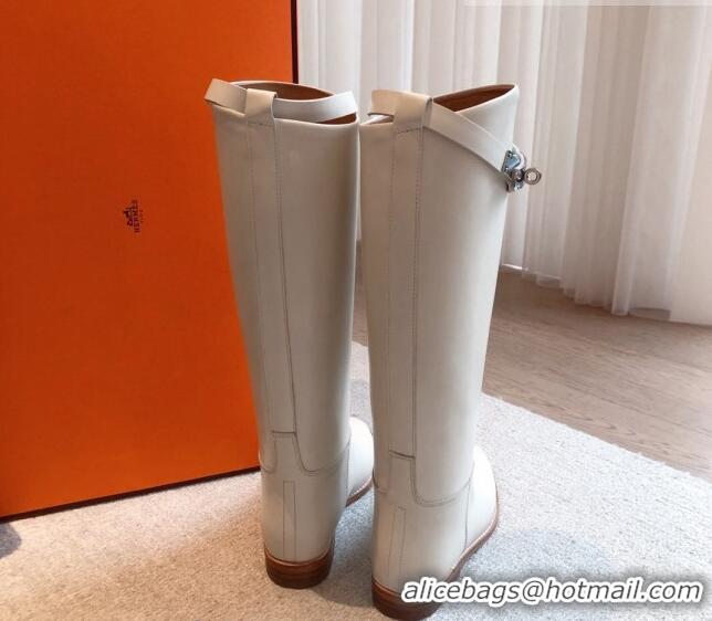 Generous Hermes Jumping Leather High Boots White 918010