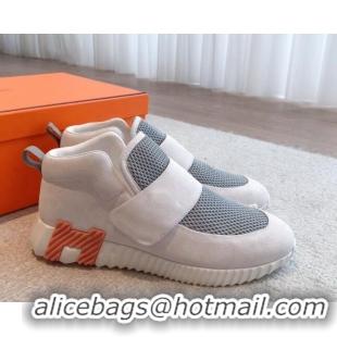 Fashion Hermes H Sneakers in Suede and Mesh White/Grey 918011