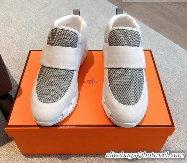 Fashion Hermes H Sneakers in Suede and Mesh White/Grey 918011