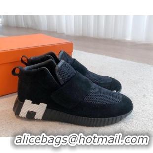 Top Design Hermes H Sneakers in Suede and Mesh Black 918016