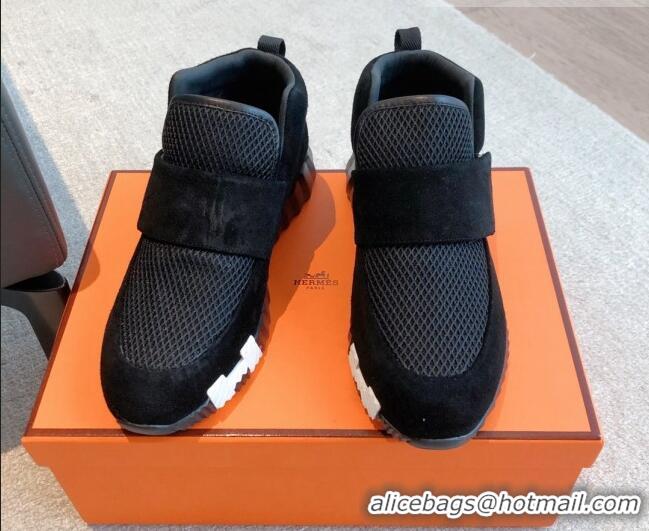 Top Design Hermes H Sneakers in Suede and Mesh Black 918016