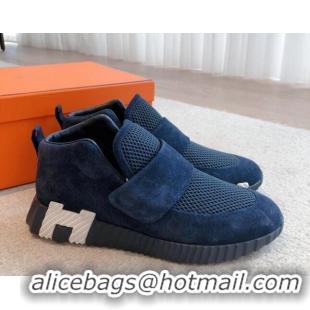 Luxurious Hermes H Sneakers in Suede and Mesh Dark Blue 918017