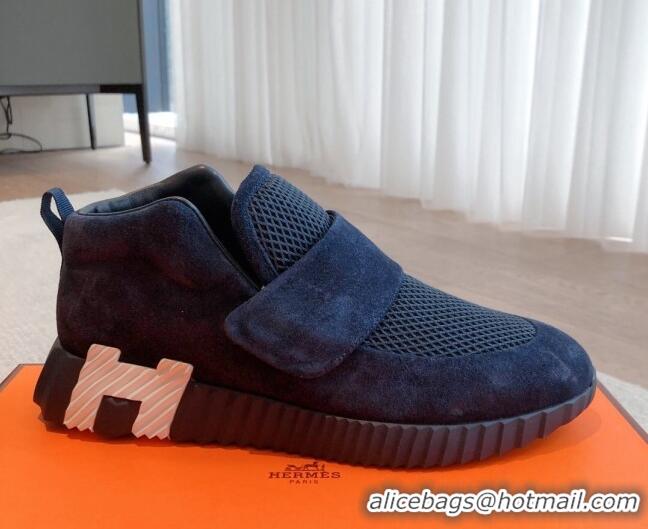 Luxurious Hermes H Sneakers in Suede and Mesh Dark Blue 918017