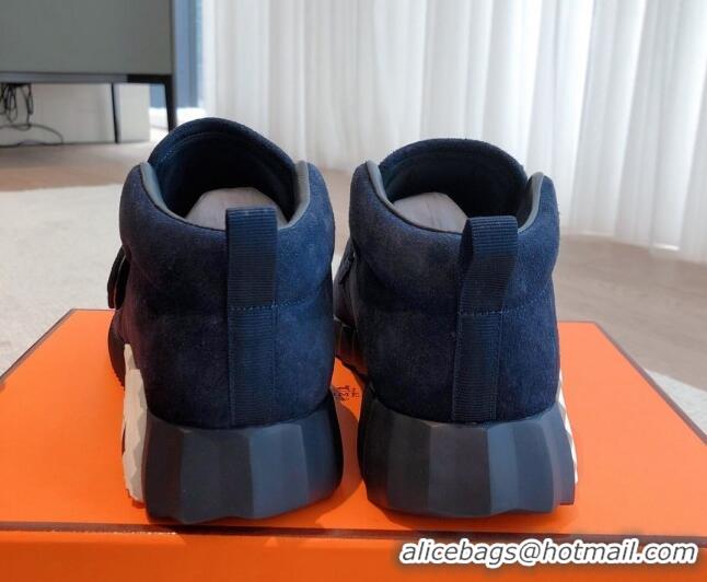 Luxurious Hermes H Sneakers in Suede and Mesh Dark Blue 918017