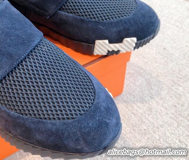 Luxurious Hermes H Sneakers in Suede and Mesh Dark Blue 918017