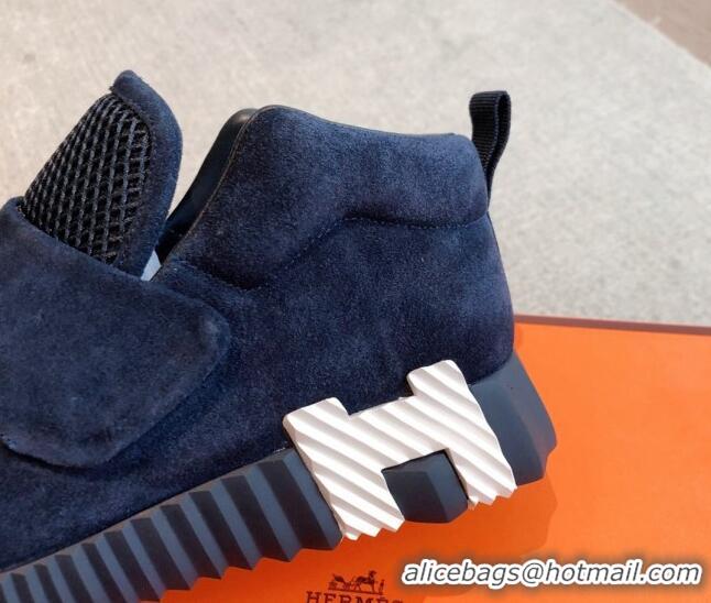 Luxurious Hermes H Sneakers in Suede and Mesh Dark Blue 918017