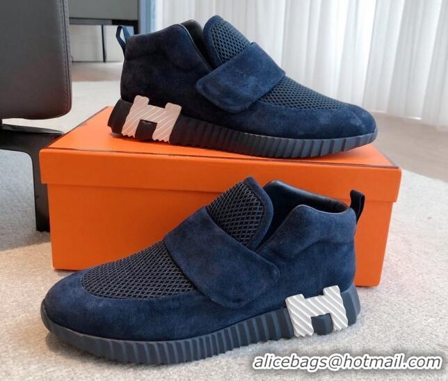 Luxurious Hermes H Sneakers in Suede and Mesh Dark Blue 918017