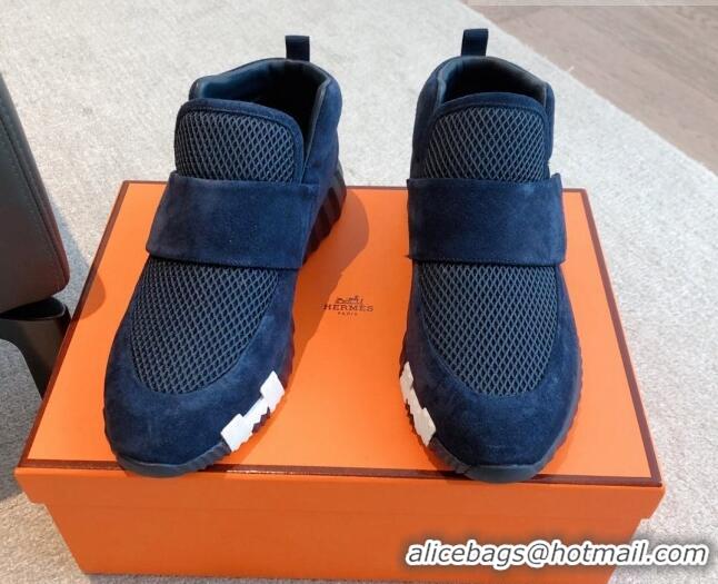 Luxurious Hermes H Sneakers in Suede and Mesh Dark Blue 918017